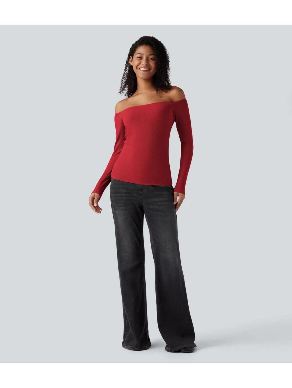 Halara Ribbed Knit Off Shoulder Long Sleeve 2-in-1 Casual Top Red Size Large - Picture 10 of 10